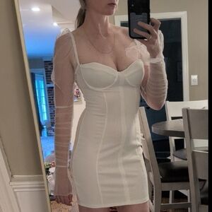 Classic White Sheer-Sleeve Bodycon Dress